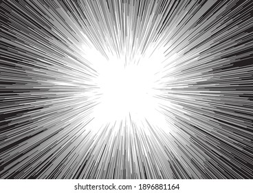 Background Of Radial Lines For Comic Books. Manga Speed Frame, Superhero Action, Explosion Background. Black And White Vector Illustration