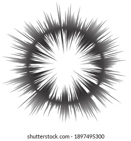 Antecedentes de las líneas radiales para los libros de historietas. Marco de velocidad del manga, acción de superhéroes, fondo de explosión. Ilustración vectorial en blanco y negro