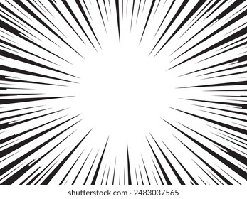 Fondo de líneas radiales para cómics. Marco de velocidad del manga, acción del superhéroe, fondo de la explosión. Ilustración vectorial en blanco y negro