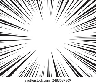 Background of radial lines for comic books. Manga speed frame, superhero action, explosion background. Black and white vector illustration