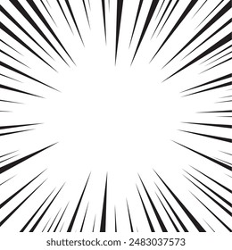 Background of radial lines for comic books. Manga speed frame, superhero action, explosion background. Black and white vector illustration