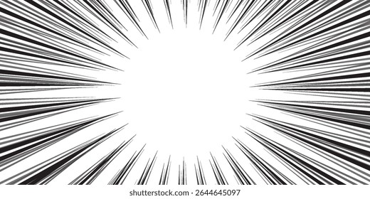 Fondo de líneas radiales para cómics. Manga marco de velocidad, acción de superhéroes, fondo de explosión. Ilustración vectorial en blanco y negro
