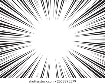 Plano de fundo de linhas radiais para quadrinhos. Quadro de velocidade de mangá, ação de super-herói, fundo de explosão. Ilustração de vetor em preto e branco