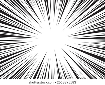 Background of radial lines for comic books. Manga speed frame, superhero action, explosion background. Black and white vector illustration