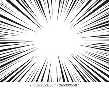 Plano de fundo de linhas radiais para quadrinhos. Quadro de velocidade de mangá, ação de super-herói, fundo de explosão. Ilustração de vetor em preto e branco