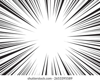 Hintergrund von Radiallinien für Comicbücher. Manga-Speed-Frame, Superhelden-Action, Explosion Hintergrund. Schwarz-Weiß-Vektorgrafik
