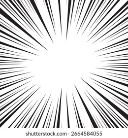 Background of radial lines for comic books. Manga speed frame, superhero action, explosion background. Black and white vector illustration.