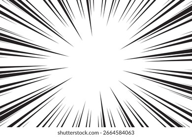 Fondo de líneas radiales para cómics. Manga marco de velocidad, acción de superhéroes, fondo de explosión. Ilustración vectorial en blanco y negro.