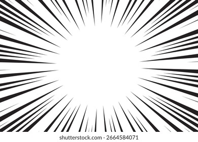 Fondo de líneas radiales para cómics. Manga marco de velocidad, acción de superhéroes, fondo de explosión. Ilustración vectorial en blanco y negro.