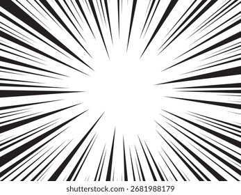Fondo de líneas radiales para cómics. Manga marco de velocidad, acción de superhéroes, fondo de explosión. Ilustración vectorial en blanco y negro