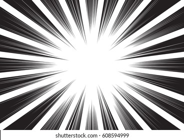 Background of radial lines for comic books. Manga speed frame, superhero action, explosion background. Black and white vector illustration