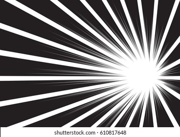 Antecedentes de las líneas radiales para los cómics. Marco de velocidad del manga, acción superhéroe, fondo de explosión. Ilustración vectorial en blanco y negro