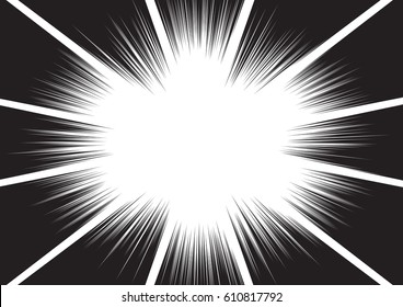 Background of radial lines for comic books. Manga speed frame, superhero action, explosion background. Black and white vector illustration