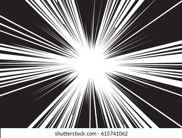 Background of radial lines for comic books. Manga speed frame, superhero action, explosion background. Black and white vector illustration