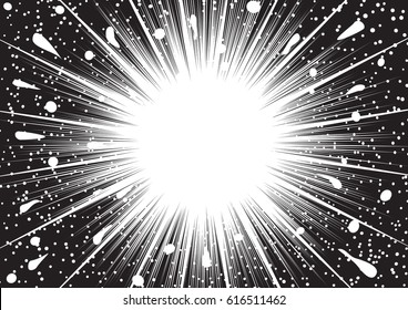 Background of radial lines for comic books. Manga speed frame, superhero action, explosion background. Black and white vector illustration