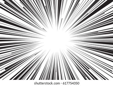 Background of radial lines for comic books. Manga speed frame, superhero action, explosion background. Black and white vector illustration