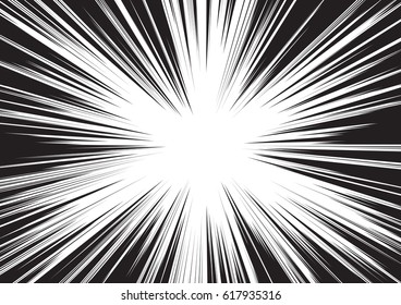 Antecedentes de las líneas radiales para los cómics. Marco de velocidad del manga, acción superhéroe, fondo de explosión. Ilustración vectorial en blanco y negro