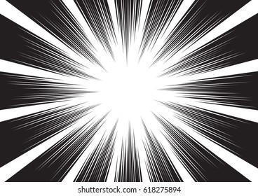 Background of radial lines for comic books. Manga speed frame, superhero action, explosion background. Black and white vector illustration
