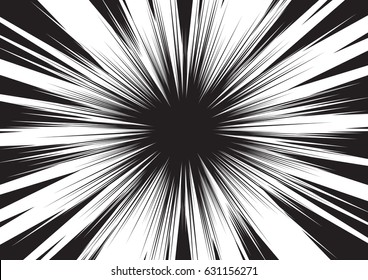 Antecedentes de las líneas radiales para los cómics. Marco de velocidad del manga, acción superhéroe, fondo de explosión. Ilustración vectorial en blanco y negro