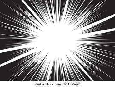 Background of radial lines for comic books. Manga speed frame, superhero action, explosion background. Black and white vector illustration