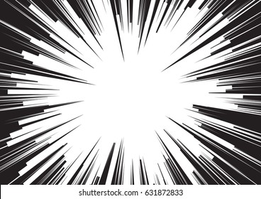 Background of radial lines for comic books. Manga speed frame, superhero action, explosion background. Black and white vector illustration