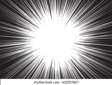 Background of radial lines for comic books. Manga speed frame, superhero action, explosion background. Black and white vector illustration