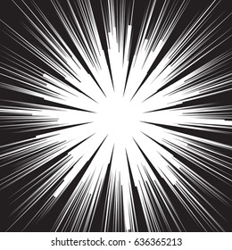 Background of radial lines for comic books. Manga speed frame, superhero action, explosion background. Black and white vector illustration