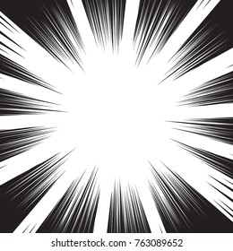 Background of radial lines for comic books. Manga speed frame, superhero action, explosion background. Black and white vector illustration