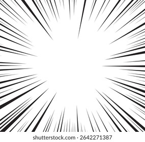 Background of radial speed lines for comic books. Monochrome explosion background. Vector illustration.
