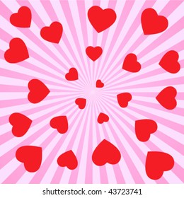 background with radial stripes with red hearts