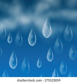 Background with rain drops and clouds.Transparent drops of rain on a blue background