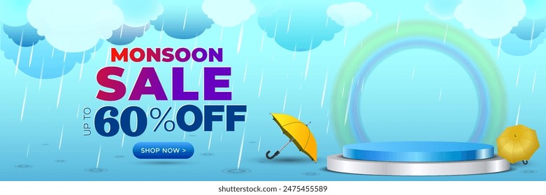 Hintergrund von Regen, Monsunwolken, Regenschirm, Regenbogen, Himmel und Podium. Monsoon Sale Banner Deal Rabatt Angebot oder Website Werbung.