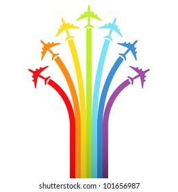 Background with rainbow airplanes. Vector illustration.