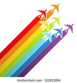 Background with rainbow airplanes. Vector illustration.