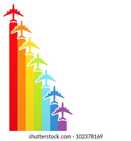 Background with rainbow airplanes. Vector illustration.