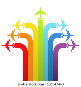 Background with rainbow airplanes. Vector illustration.