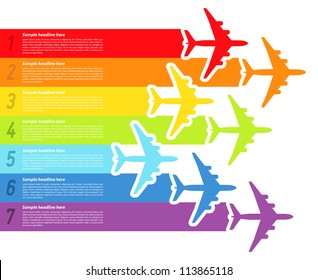 Background with rainbow airplanes. Vector illustration.