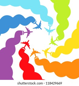 Background with rainbow airplanes. Vector illustration.