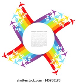 Background with rainbow airplanes. Vector illustration.	