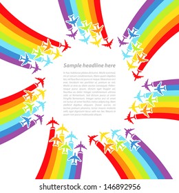 Background with rainbow airplanes. Vector illustration.