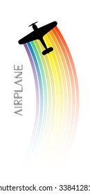 Background with rainbow and airplanes. Vector illustration. Retro biplane, minimalistic style, whirlwind of airplane, for travel agencies, aviation companies.
