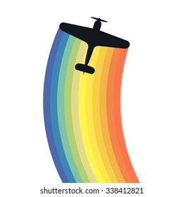 Background with rainbow and airplanes. Vector illustration. Retro biplane, minimalistic style, whirlwind of airplane, for travel agencies, aviation companies.