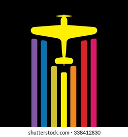 Background with rainbow and airplanes. Vector illustration. Retro biplane, minimalistic style, whirlwind of airplane, for travel agencies, aviation companies.