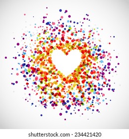 Background of rainbow dots in the shape of heart. Confetti scattered in the form of circle with space for text.