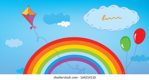 Background with rainbow, sky, kite and balloons for kids