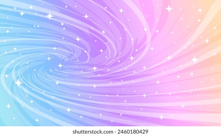 Background of rainbow swirl of magic, sky and stars. Vector image for festive decoration of a concert, children's celebration, birthday.