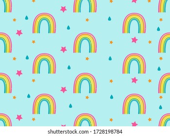 Background with rainbows, stars and rain drops