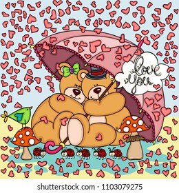 Background raining hearts couple teddy bears with umbrella

