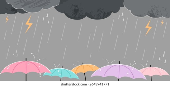 Um cenário de tempo chuvoso e sombrio. Está chovendo guarda-chuva.