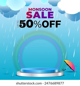 Background of Rainy season With sky clouds rainbow umbrella and podium for product display. Monsoon Sale. 50% off offer deal discount.